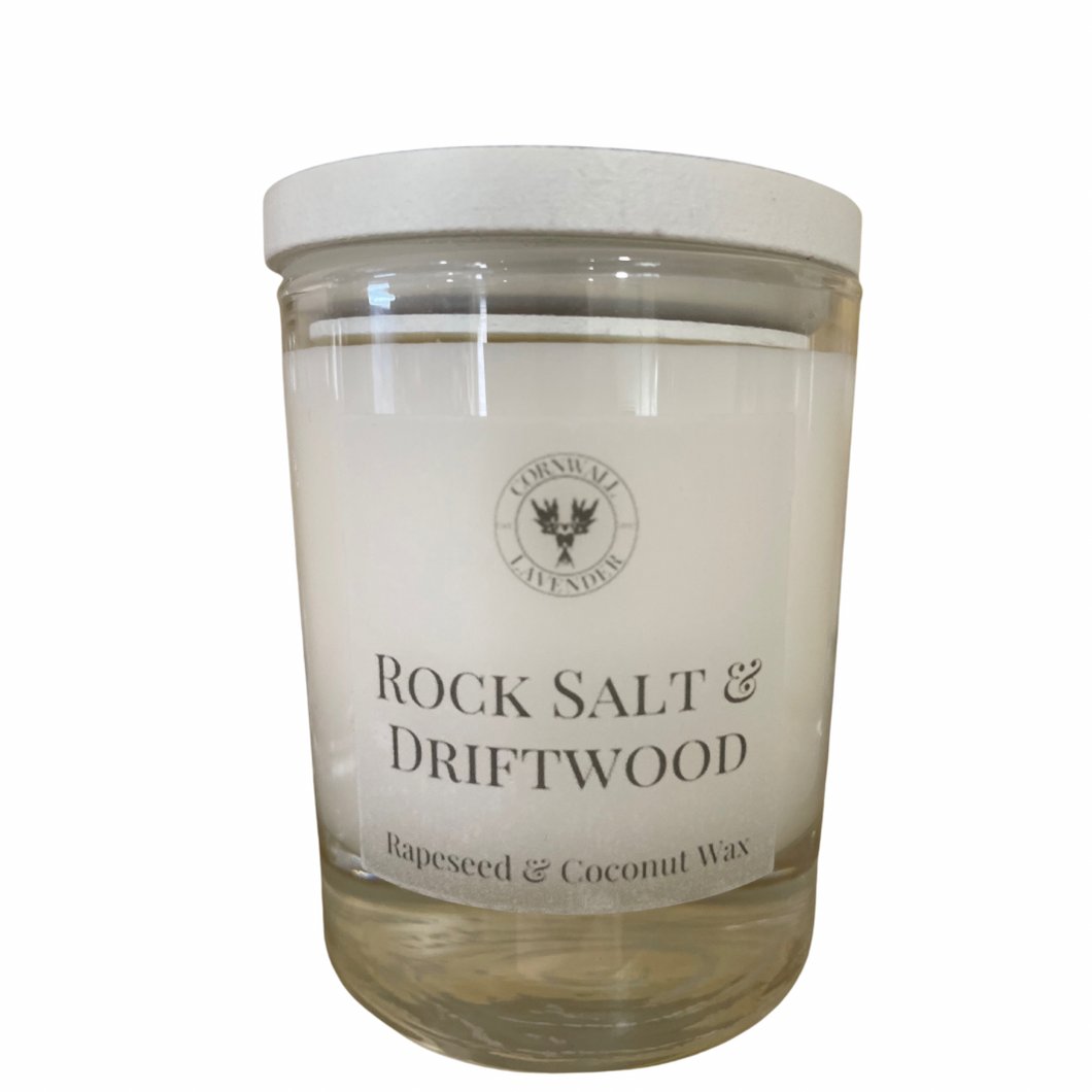 Rock Salt & Driftwood  Glass Candle with wooden lid. 20cl