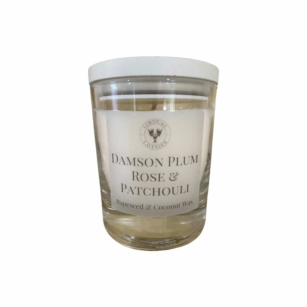 Damson Plum, Rose & Patchouli Candle 20cl with wooden lid.
