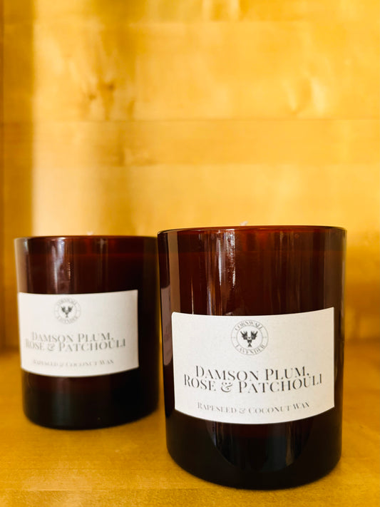 Limited edition Recycled Amber Glass Container, Damson Plum,  Rose & Patchouli 20cl candle